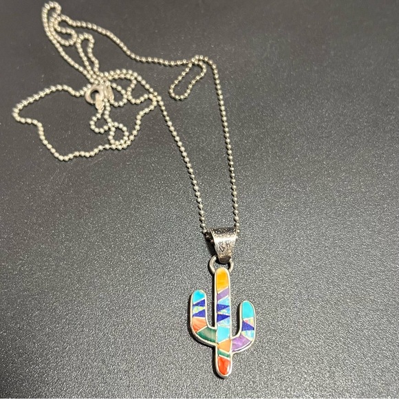 Vtg Earl Plummer Signed Sterling Silver Inlay Cactus Pendant Necklace Ball Chain - Picture 2 of 8